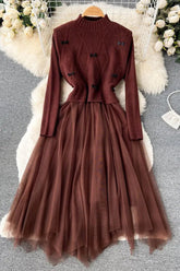 Set Elegante Spitze Patchwork Strickpullover Kleid Retro Schleife Weste + Langes Kleid 2PCS